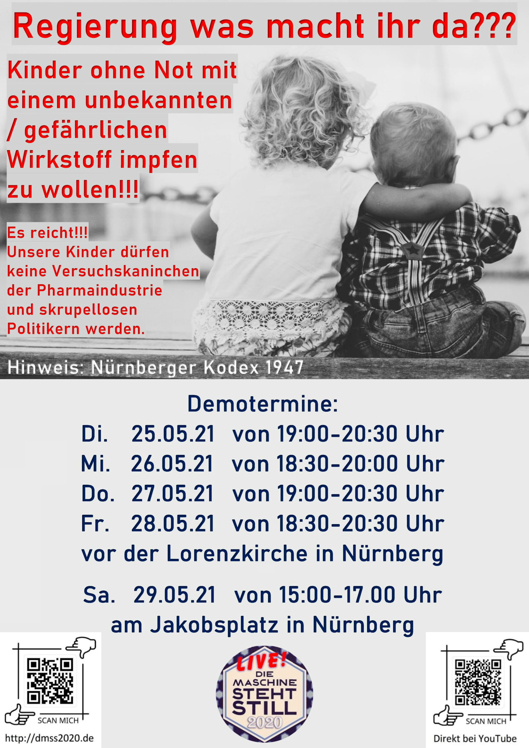 Regierung was macht ihr da?? Kinder ohne Not mit einem unbekannten / gefährlichen Wirkstoff impfen zu wollen!! Es reicht!!! Unsere Kinder dürfen keine Versuchskaninchen der Pharmaindustrie und skrupellosen Politikern werden. Hinweis: Nürnberger Kodex 1947